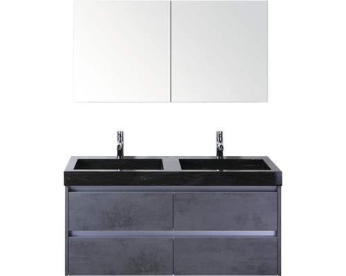 Ensemble de meubles de salle de bains Dante 120 cm avec double vasque en pierre naturelle et armoire de toilette béton anthracite
