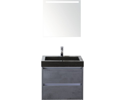 Ensemble de meubles de salle de bains Dante 60 cm avec lavabo en pierre naturelle et miroir avec éclairage LED béton anthracite