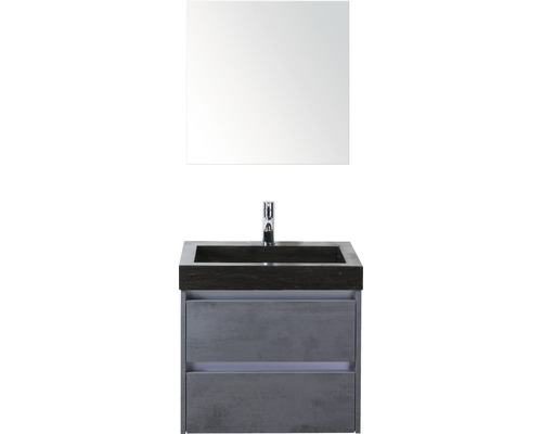 Ensemble de meubles de salle de bains Dante 60 cm avec lavabo en pierre naturelle et armoire de toilette béton anthracite