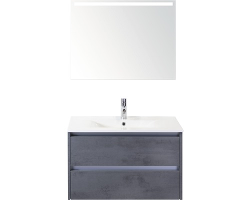 Badmöbel-Set Dante 80 cm mit Keramikwaschbecken und Spiegel mit LED-Beleuchtung Beton anthrazit