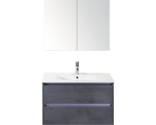 Badmöbel-Set Dante 80 cm mit Keramikwaschbecken und Spiegelschrank Beton anthrazit