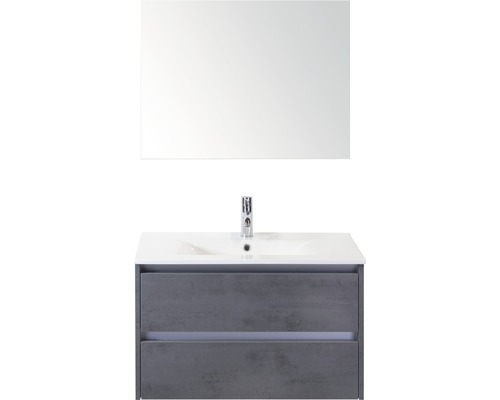 Badmöbel-Set Dante 80 cm mit Keramikwaschbecken und Spiegel Beton anthrazit