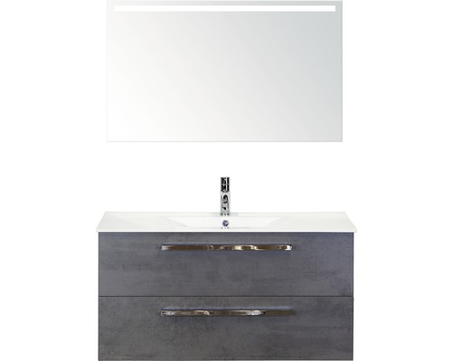 Badmöbel-Set Seville 100 cm mit Keramikwaschtisch Model 1 und Spiegel mit LED-Beleuchtung Beton anthrazit