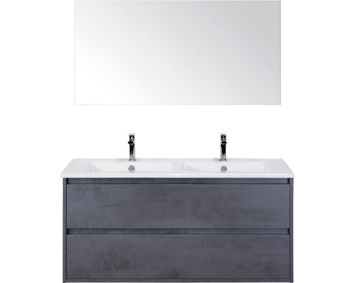 Badmöbel-Set sanox Porto 120 cm beton anthrazit 3-teilig Unterschrank inkl. Keramikdoppelwaschbecken und Spiegel