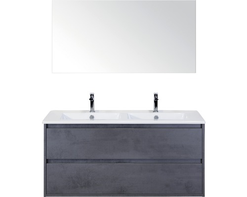 Set de meubles de salle de bains sanox Porto 120 cm béton anthracite 3 pièces meuble bas avec lavabo double en céramique et miroir