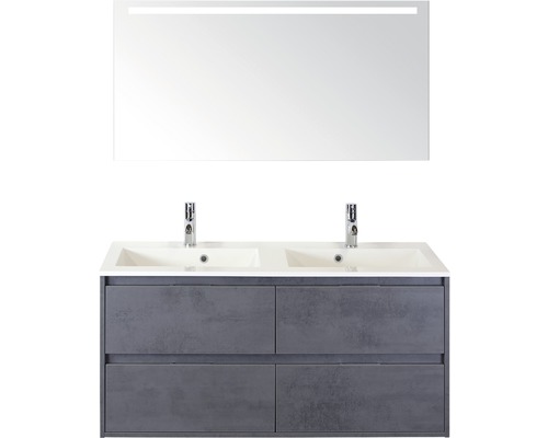 Set de meubles de salle de bains sanox Porto 120 cm béton anthracite 3 pièces meuble avec avec lavabo double en fonte minérale et miroir LED