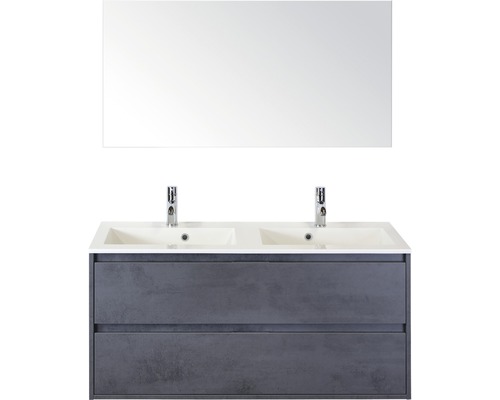 Set de meubles de salle de bains sanox Porto 120 cm béton anthracite 3 pièces meuble bas avec lavabo double en fonte minérale et miroir