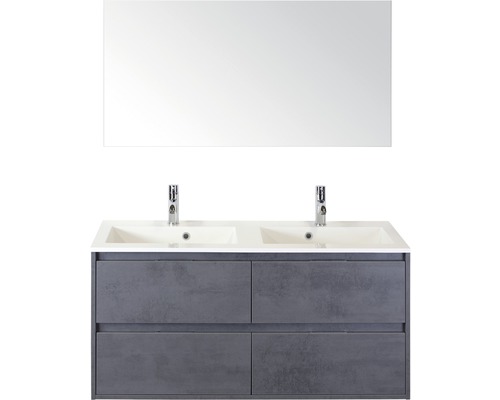 Set de meubles de salle de bains sanox Porto 120 cm béton anthracite 3 pièces meuble bas avec lavabo double en fonte minérale et miroir