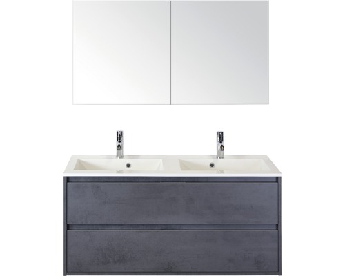 Set de meubles de salle de bains sanox Porto 120 cm béton anthracite 3 pièces meuble bas avec lavabo double en fonte minérale et armoire à miroir