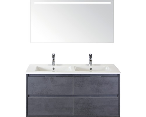 Ensemble de meubles de salle de bains Sanox Porto couleur de façade anthracite béton lxhxp 121 x 170 x 51 cm avec double vasque en céramique et miroir avec éclairage LED