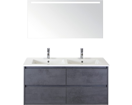 Set de meubles de salle de bains sanox Porto 120 cm béton anthracite 3 pièces meuble bas avec lavabo double en céramique et miroir LED