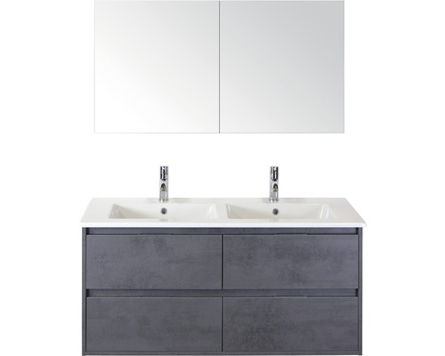 Set de meubles de salle de bains sanox Porto 120 cm béton anthracite 3 pièces meuble bas avec lavabo double en céramique et armoire à miroir