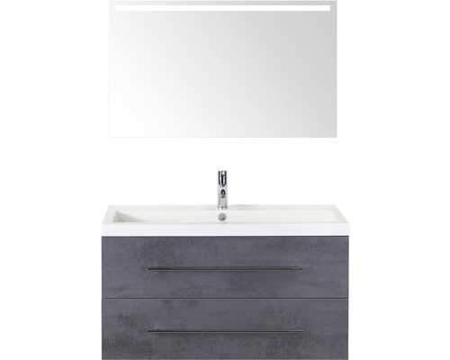 Set de meubles de salle de bains Sanox Straight lxhxp 100 x 170 x 40 cm couleur de façade béton anthracite avec vasque fonte minérale blanc et meuble sous vasque vasque en fonte minérale miroir avec éclairage LED