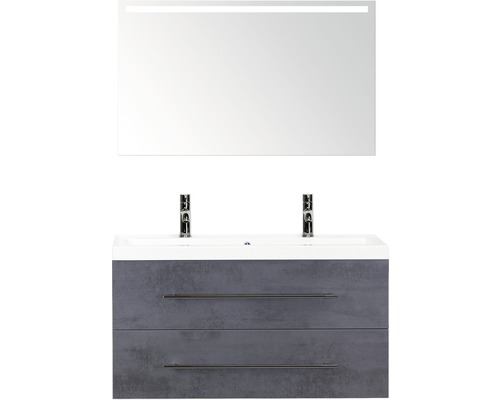 Badmöbel-Set Sanox Straight Frontfarbe beton anthrazit BxHxT 100 x 170 x 40 cm mit Mineralguss-Doppelwaschtisch und Spiegel mit LED-Beleuchtung