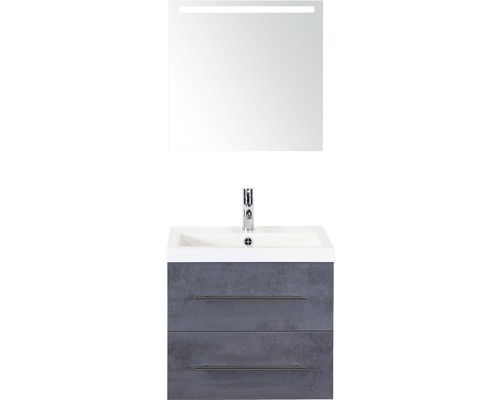 Set de meubles de salle de bains Sanox Straight lxhxp 60 x 170 x 40 cm couleur de façade béton anthracite avec vasque fonte minérale blanc et meuble sous vasque vasque en fonte minérale miroir avec éclairage LED