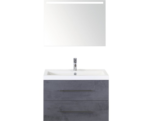Badmöbel-Set Straight 80 cm inkl. Spiegel mit Beleuchtung beton anthrazit Waschtisch mit zwei Schubladen, Waschbecken und Spiegel mit Beleuchtung