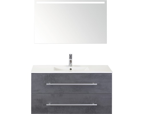 Badmöbel-Set Stretto 100 cm inkl. Spiegel mit Beleuchtung beton anthrazit Waschtischunterschrank mit zwei Schubladen, Waschbecken und Spiegel mit Beleuchtung