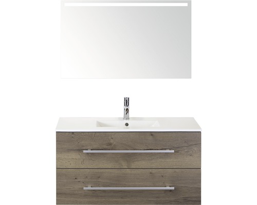 Set de meubles de salle de bains Sanox Stretto lxhxp 101 x 170 x 39 cm couleur de façade tabac avec vasque céramique blanc et meuble sous vasque vasque céramique miroir avec éclairage LED