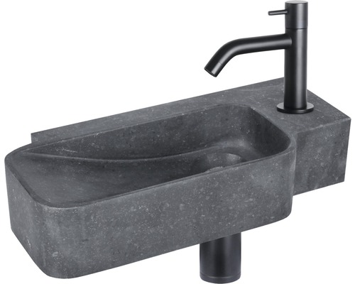 Lave-mains - Ensemble comprenant robinet de lave-mains REBA pierre naturelle sans revêtement noir 36x19 cm