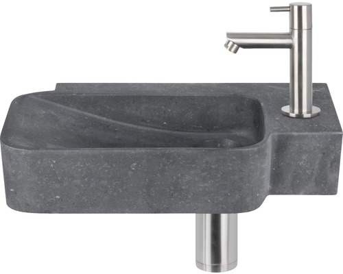 Lave-mains - Ensemble comprenant robinet de lave-mains chromé REBA pierre naturelle sans revêtement noir 36x19 cm