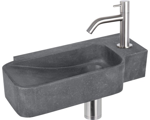 Handwaschbecken - Set inkl. Standventil chrom REBA Naturstein ohne Beschichtung schwarz 36x19 cm