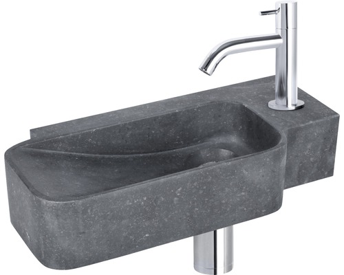 Handwaschbecken - Set inkl. Standventil chrom REBA Naturstein ohne Beschichtung schwarz 36x19 cm