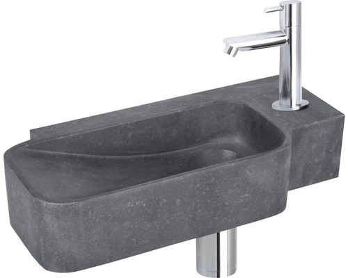 Lave-mains - Ensemble comprenant robinet de lave-mains chromé REBA pierre naturelle sans revêtement noir 36x19 cm
