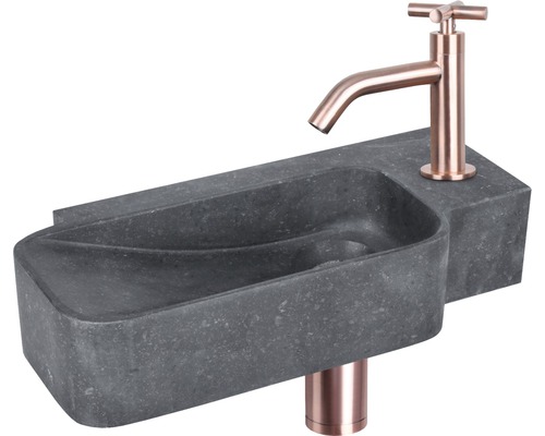 Lave-mains - Ensemble comprenant robinet de lave-mains rouge cuivre REBA pierre naturelle sans revêtement noir 36x19 cm