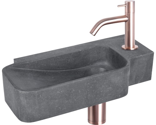 Handwaschbecken - Set inkl. Standventil kupferrot REBA Naturstein ohne Beschichtung schwarz 36x19 cm