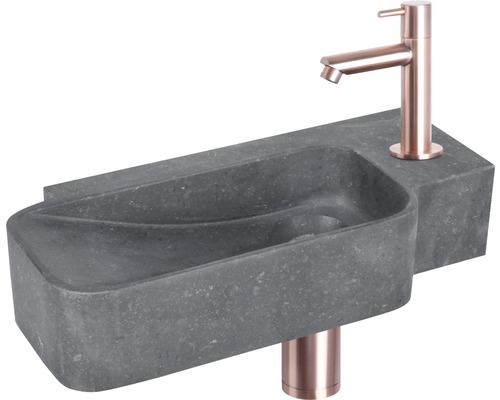 Lave-mains - Ensemble comprenant robinet de lave-mains rouge cuivre REBA pierre naturelle sans revêtement noir 36x19 cm