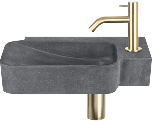 Lave-mains - Ensemble comprenant robinet de lave-mains doré REBA pierre naturelle sans revêtement noir 36x19 cm