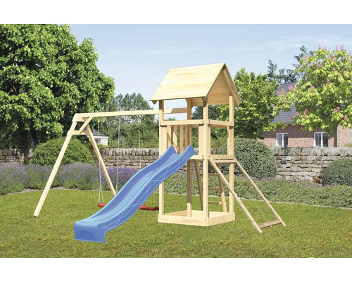 Spielturm Spielhaus Karibu Lotti 107 x 107 cm Holz bestehend aus Rutsche, 2 Brettschaukeln, Netzrampe