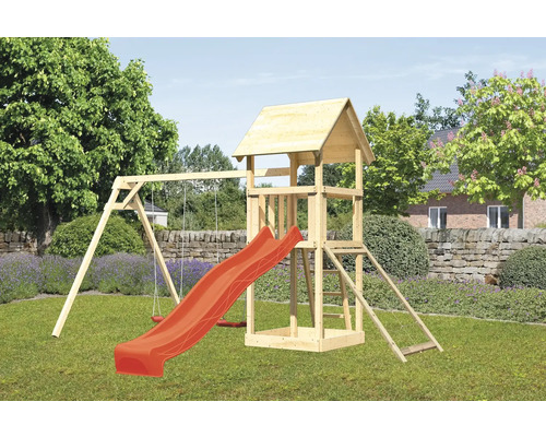 Tour de jeux cabane de jeux Karibu Lotti 107 x 107 cm en bois composée d'un toboggan, de 2 balançoires, d'une rampe en filet Tour de jeux cabane de jeux Karibu Lotti 107 x 107 cm en bois composée d'un toboggan, de 2 balançoires, d'une rampe en filet