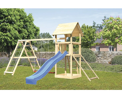Tour de jeux cabane de jeux Karibu Lotti 107 x 107 cm en bois composée d'une extension, d'une tour de base, d'une rampe en filet Tour de jeux cabane de jeux Karibu Lotti 107 x 107 cm en bois composée d'une extension, d'une tour de base, d'une rampe en filet