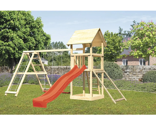 Spielturm Spielhaus Karibu Lotti 107 x 107 cm Holz bestehend aus Anbau, Grundturm, Netzrampe