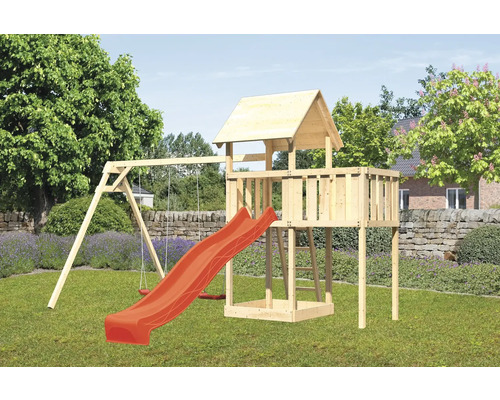 Spielturm Spielhaus Karibu Lotti 107 x 107 cm Holz bestehend aus Rutsche, 2 Brettschaukeln, Anbau