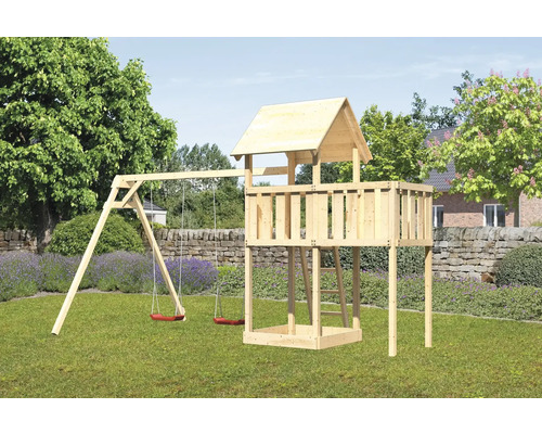 Spielturm Spielhaus Karibu Lotti 107 x 107 cm Holz bestehend aus 2 Brettschaukeln, Anbau