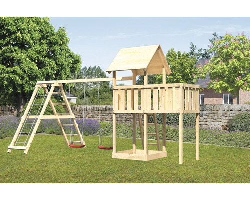 Spielturm Spielhaus Karibu Lotti 107 x 107 cm Holz bestehend aus Anbau, Grundturm