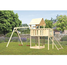 Tour de jeux en bois avec balançoire, toboggan et échelle d''escalade dans le jardin