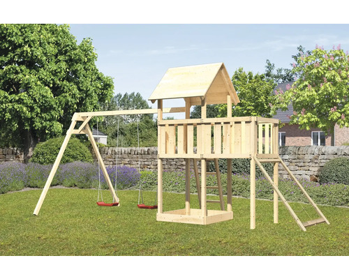 Tour de jeux cabane de jeux Karibu Lotti 107 x 107 cm en bois composée de 2 balançoires, d'une extension, d'une rampe en filet Tour de jeux cabane de jeux Karibu Lotti 107 x 107 cm en bois composée de 2 balançoires, d'une extension, d'une rampe en filet