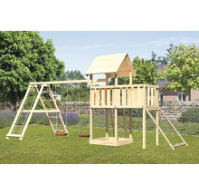 Aire de jeux avec balançoire, mur d''escalade, tour de jeux et toboggan en bois dans le jardin