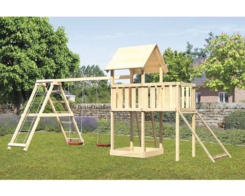 Tour de jeux cabane de jeux Karibu Lotti 107 x 107 cm en bois composée d'une extension, d'une tour de base, d'une rampe en filet Tour de jeux cabane de jeux Karibu Lotti 107 x 107 cm en bois composée d'une extension, d'une tour de base, d'une rampe en filet