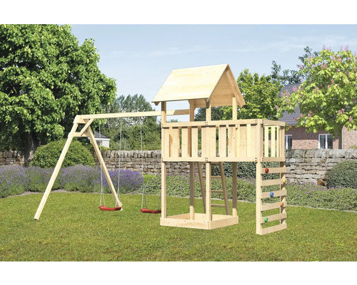 Tour de jeux cabane de jeux Karibu Lotti 107 x 107 cm en bois composée de 2 balançoires, d'une extension, d'un mur d'escalade Tour de jeux cabane de jeux Karibu Lotti 107 x 107 cm en bois composée de 2 balançoires, d'une extension, d'un mur d'escalade