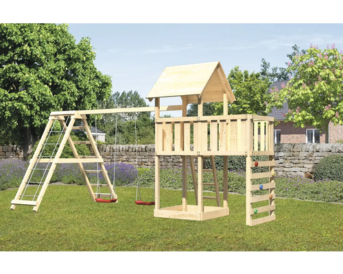 Spielturm Spielhaus Karibu Lotti 107 x 107 cm Holz bestehend aus Anbau, Kletterwand, Grundturm