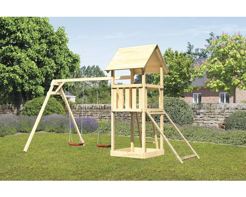 Spielturm Spielhaus Karibu Lotti 107 x 107 cm Holz bestehend aus 2 Brettschaukeln, Netzrampe