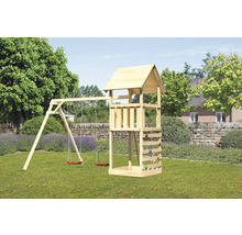 Tour de jeu avec balançoire et mur d''escalade dans le jardin