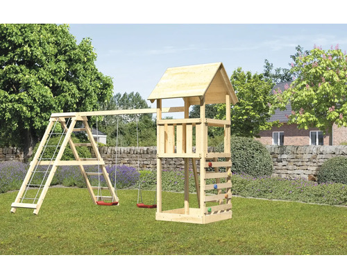 Spielturm Spielhaus Karibu Lotti 107 x 107 cm Holz bestehend aus Anbau, Grundturm, Kletterwand