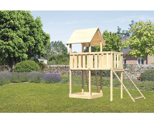 Tour de jeux cabane de jeux Karibu Lotti 107 x 107 cm en bois composée d'une extension, d'une rampe en filet