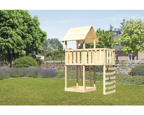 Spielturm Spielhaus Karibu Lotti 107 x 107 cm Holz bestehend aus Anbau, Kletterwand