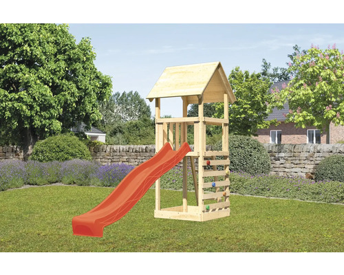 Tour de jeux cabane de jeux Karibu Lotti 107 x 107 cm en bois composée d'un toboggan, d'un mur d'escalade
